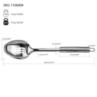 lingură de gătit cu găuri din inox și informații despre dimensiuni și greutate