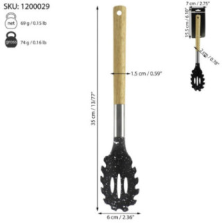 lingură perforată din plastic cu mâner lemn și cu specificații despre dimensiuni