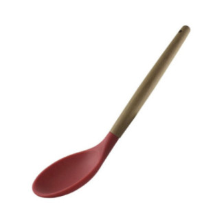 lingură de bucătărie mare cu cap din silicon roșu și mâner din lemn pentru gătit