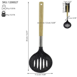 spumieră perforată din plastic cu mâner de lemn și detalii despre dimensiuni și greutate