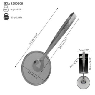 clește din inox cu un capăt rotund cu sită pentru scurs prăjeli și informații despre dimensiuni