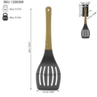 paletă din silicon cu mâner din lemn cu informații despre ambalaj și dimensiuni