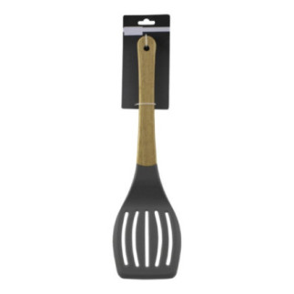 paletă de bucătărie cu fante de scurgere din silicon mâner din lemn și etichetă de carton