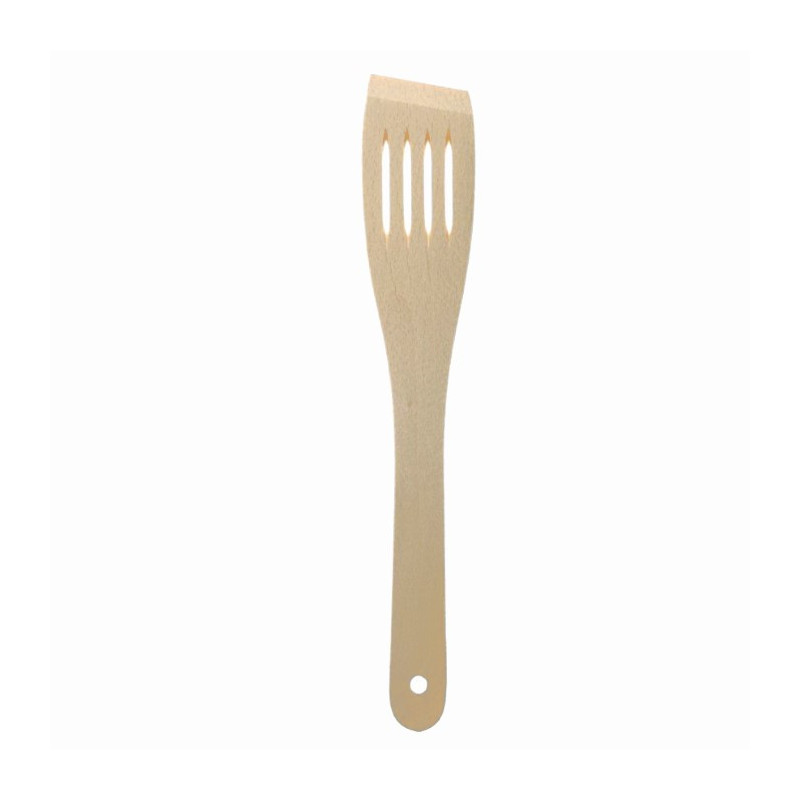 Spatulă de bucătărie din lemn natural, ideală pentru gătit și amestecat fără a zgâria vasele, îngustă, cu fante de scurgere