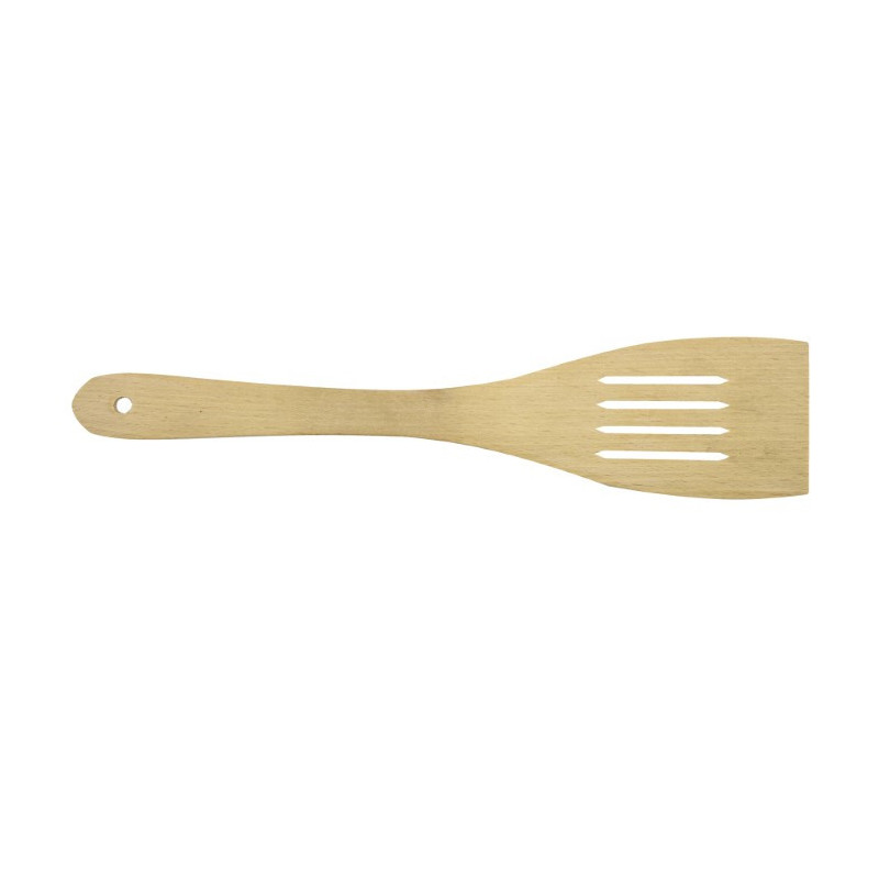 Spatulă de bucătărie din lemn natural, ideală pentru gătit și amestecat fără a zgâria vasele, lată, cu fante de scurgere
