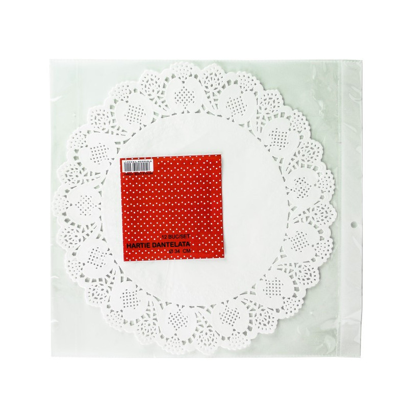 Set hârtii dantelate albe rotunde 34 cm de așezat sub aperitive torturi și prăjituri, accesoriu elegant pentru prezentare 12 buc