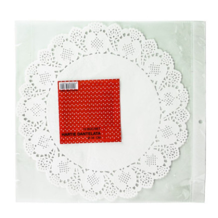 set 12 hârtii dantelate rotunde albe cu etichetă colorată