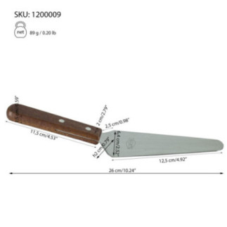 paletă pentru servit felii de tort cu informații despre dimensiuni marcate prin săgeți