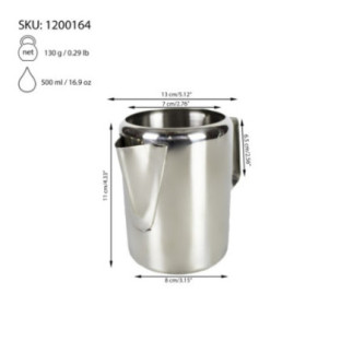 cană barista din inox pentru spumare lapte cu informații despre dimensiuni și capacitate