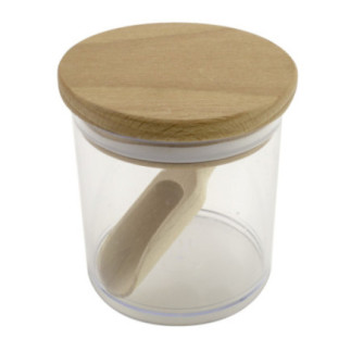 recipient pentru condimente din plastic cu linguriță de lemn și capac cu închidere ermetică