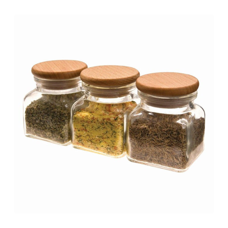 Set de borcane din sticlă cu capac din lemn, ideale pentru depozitarea condimentelor și ierburilor aromatice, 120 ml, 3 buc