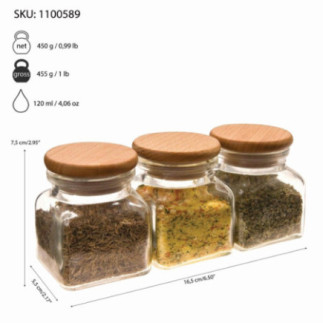 set 3 borcane din sticlă cu capac și informații despre dimensiuni greutate și capacitate