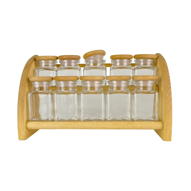 Organizator condimente, suport rustic din lemn cu 10 borcănașe de sticlă, perfect pentru depozitarea și organizarea mirodenilor