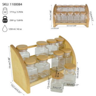 suport rustic din lemn etajat cu borcane de condimente din sticlă și informații despre dimensiuni