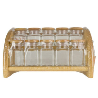 set de condimente cu suport etajat din lemn și 10 borcănașe din sticlă cu capac de lemn