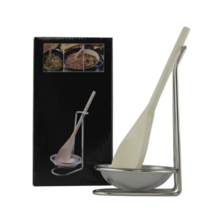 Suport inox pentru ustensile de gătit cu farfurie colectoare și lingură din lemn, previne murdărirea blatului în timpul gătirii