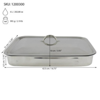tavă de copt dreptunghiulară din inox cu capac și informații despre dimensiuni