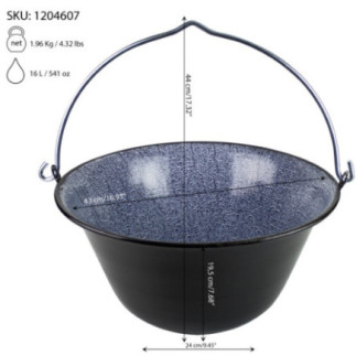 ceaun tradițional cu mâner pentru gătit la foc de lemne și informații despre dimensiuni și capacitate