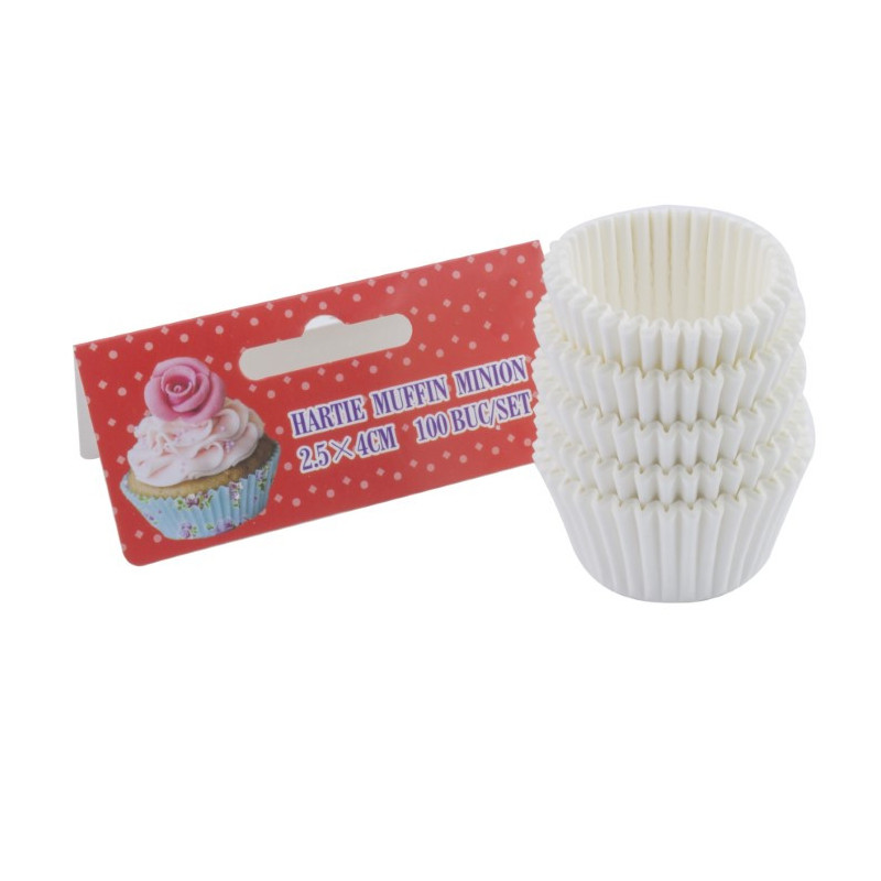 Set de forme pentru copt minibrioșe, rotunde, din hârtie specială albă, 2.5x4 cm, rezistente la căldură, 100 buc