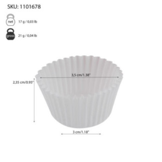 hârtie rotundă pentru copt mini brioșe cu informații despre dimensiuni marcate prin săgeți