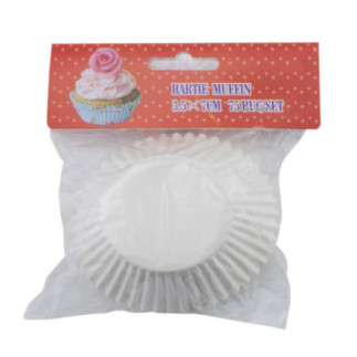 set de 75 de hârtii rotunde pentru copt muffins ambalate în pungă transparentă cu etichetă colorată