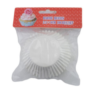 set de 100 hârtii de copt muffin rotunde albe ambalate în pungă transparentă cu etichetă