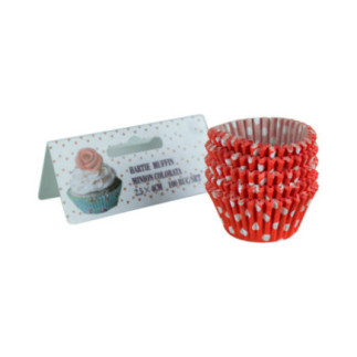 set de hârtii rotunde pentru copt mini muffin stivuite lângă eticheta de carton