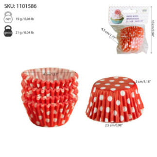 hârtii de copt brioșe roșii cu buline albe și informații despre dimensiuni și ambalaj